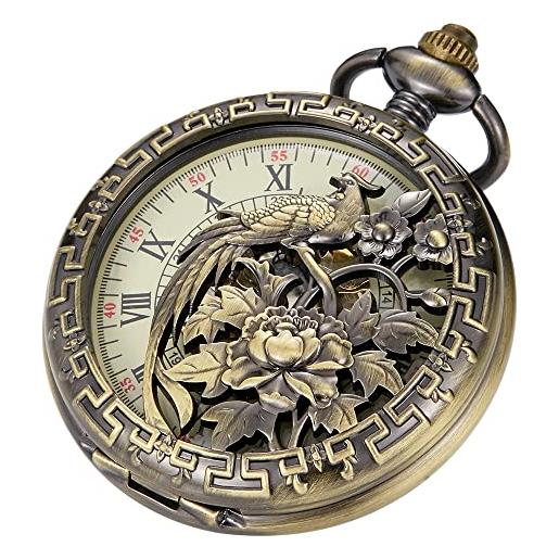 Tiong orologio da tasca vintage meccanico steampunk modello classico design da uomo orologi da tasca con scatola a catena regalo di compleanno festa del papà, 16-bronzo
