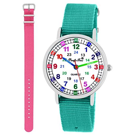 Pacific Time 11121 - orologio da polso per bambini, con 2 cinturino in tessuto turchese + rosa analogico al quarzo, 11121 - rosa, cinghie