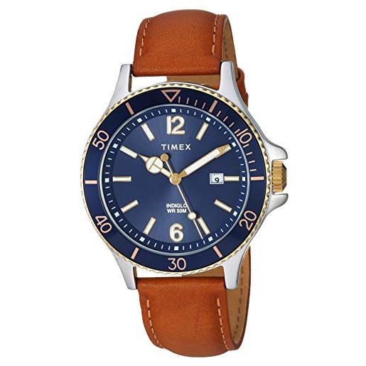 Timex harborside, orologio da uomo con cinturino in pelle marrone chiaro/blu, tw2r64500