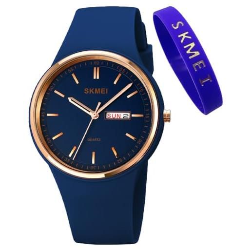 SKMEI orologi per le giovani donne lady sport cinturino in silicone big face grande impermeabile moda casual semplice quarzo analogico giorno date ragazze regalo bianco orologio da polso SKMEI, l1747blu scuro, semplice