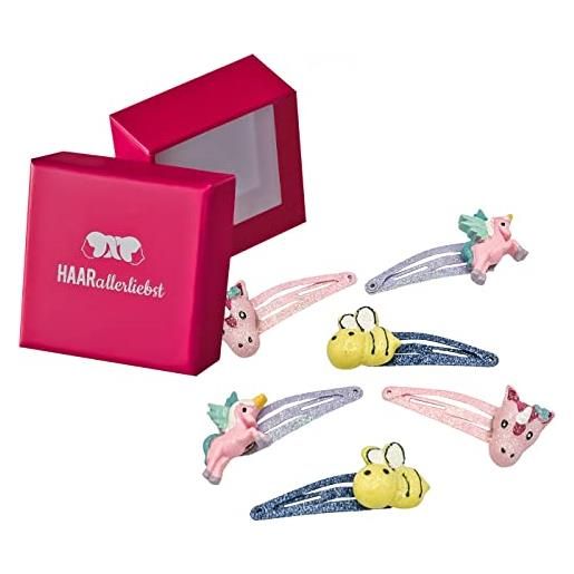 HAARallerliebst set di fermagli per capelli (6 pezzi, unicorno e ape, glitter), per ragazze, con scatola per conservare