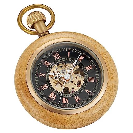 Tiong orologio da tasca in legno, meccanico, steampunk, elegante, in rame, con quadrante aperto, da uomo, con scatola a catena, idea regalo, 54-marrone, stile gotico