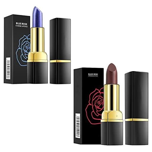 Generic magical discoloration blue-rose temperature changing lipstick, blue lipstick with flash long-lasting, lipstick for women, color changing lip gloss (1pcs blue+1pcs black)