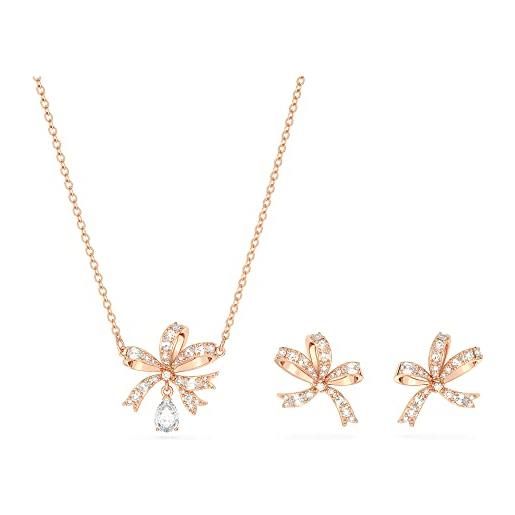Swarovski volta, set orecchini e collana pendente, con motivo a fiocco, cristalli e zirconia Swarovski, placcati in tonalità oro rosa, bianco