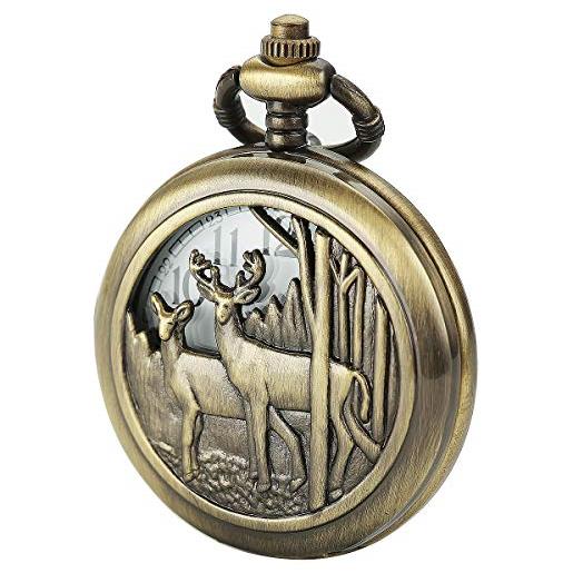 SIBOSUN oggetto d'antiquariato uomini orologio da tasca con catena caso di bronzo cervo renna legna + box