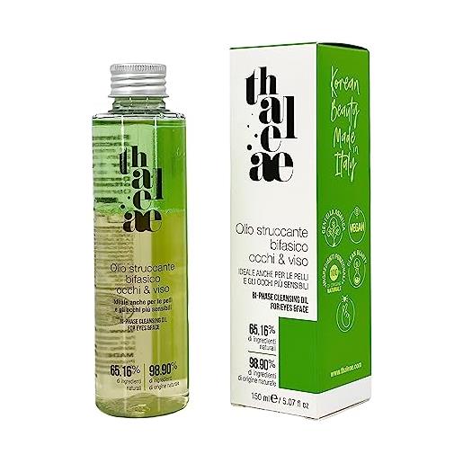Thaleae, olio struccante bifasico per occhi e viso 150 ml, realizzata con il 65,16% di ingredienti naturali, con funzione detergente e purificante, ideale per pelli ed occhi sensibili, made in italy