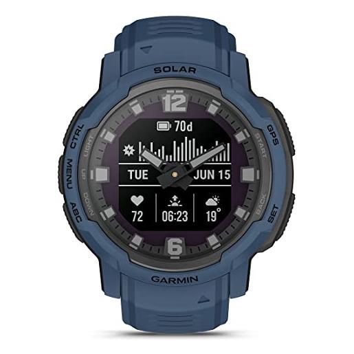 Garmin instinct crossover - solar, smartwatch ibrido, 45mm, ricarica solare, rugged design e lancette super-luminova, autonomia 70 giorni, +30 sport, gps, cardio, spo2, activity tracker (tidal blue)