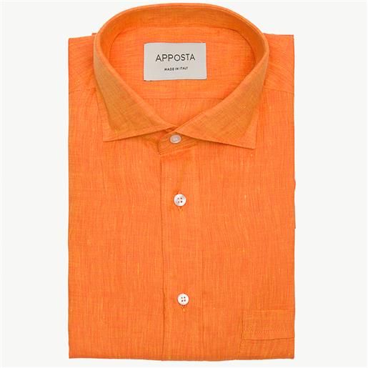 Apposta camicia tinta unita arancione lino zephir lini italiani, collo stile collo francese aggiornato a punte corte