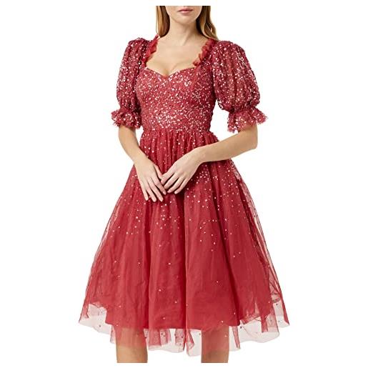 Maya Deluxe ladies dress women midi sequin embellished frilly sweetheart neckline puffed sleeves for wedding guest prom evening vestito, vermillion, 6 donna