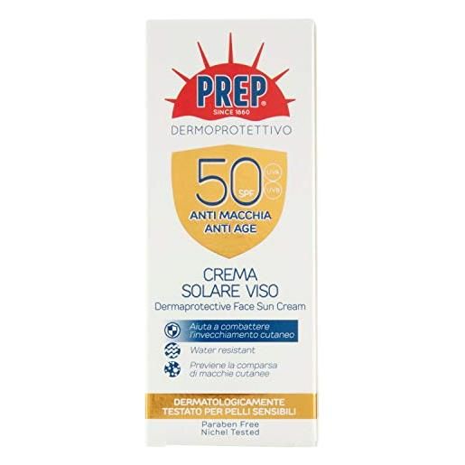 PREP, crema solare viso spf50 +, protezione solare, protezione raggi uva/uvb, senza parabeni, formato 50 ml