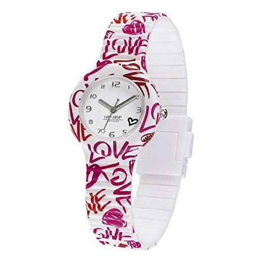 Hip hop solo tempo heart & love, orologio donna bianco con scritte 'love' e cuori rosa e rosso, cinturino morbido in silicone resistente all'acqua hwu0975