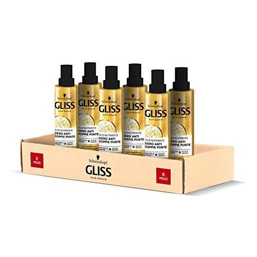 Gliss schwarzkopf Gliss, siero olio nutriente contro doppie punte, nutri-riparazione intensa e anti-rottura, per capelli fragili e sfibrati, con particelle dorate e olio di argan, 6 pezzi x 100 ml