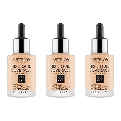 Catrice hd liquid coverage foundation, make up, liquido impermeabile con pipetta, trucco per viso, 3 x 30 ml, n. 005 avorio beige