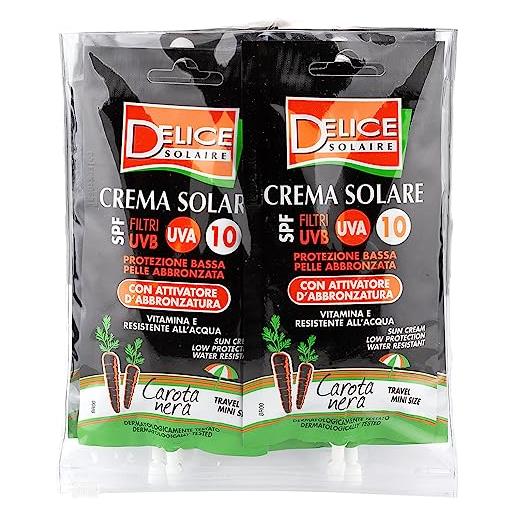 Delice Solaire crema solare mini size, protezione bassa spf10+, con attivatore d'abbronzatura carota nera, resistente all'acqua, dermatologicamente testato - 6 bustine x 50ml