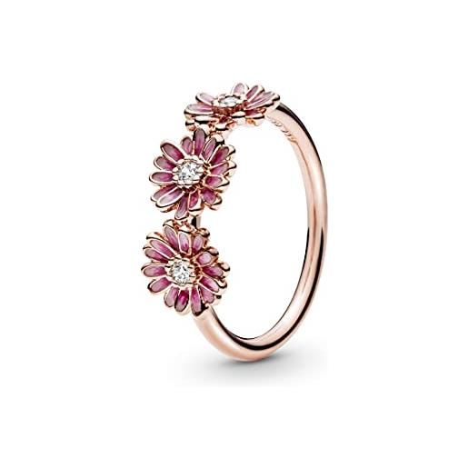 Pandora garden anello con trio di margherite rosa placcato in oro rosa 14 k con zirconi cubici trasparenti e smalto rosa sfumato, 52