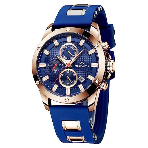 MEGALITH orologio uomo blu cronografo sportivo orologio da polso impermeabile moda design orologi uomo quadrante grande analogico calendario luminosi cinturino gomma