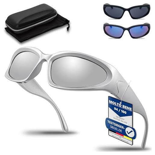 Netrox® vintage avvolgente occhiali da sole - con borsa e custodia in microfibra - occhiali da sole ovali futuristici - techno rave sport - y2k occhiali sportivi argento per uomo donna uv400