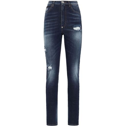 Philipp Plein jeans a vita alta con effetto vissuto - blu