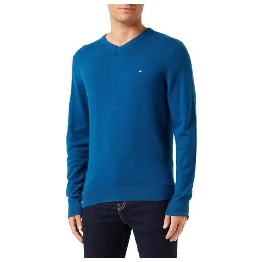 Tommy Hilfiger pullover uomo pima org ctn cashmere v neck sweater con scollatura a v, blu (faded indigo), xs