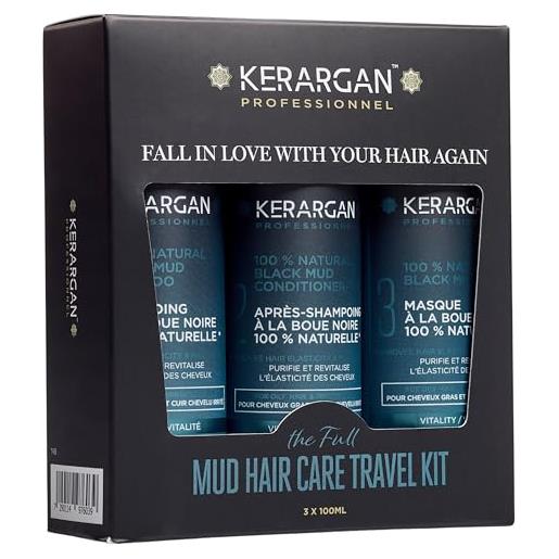 Kerargan - kit voyage revitalisant à la boue noire de la mer morte pour cheveux gras et cuir chevelu irrité - shampoing, après-shampoing, masque - purifie et revitalise - sans sulfate, gmo - 3x100ml