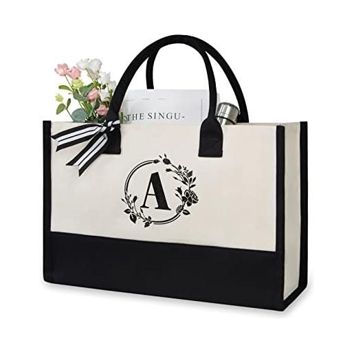TOPDesign borsa da spiaggia iniziale personalizzata in tela, borsa da regalo monogrammata per le donne, bianco e nero. , 17 x 11.8 x 7.8, g