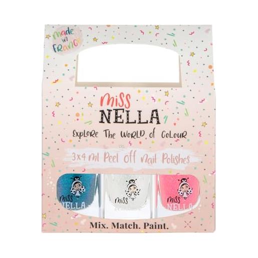 Miss nella party collection 3- scatola da 3 smalti peel off, senza odori, a base d'acqua e sicuro per bambini- blu, chiara & rosa