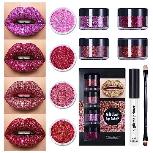 Chagoo kawaii kisses glitter lip kit, glitter lips, glitter lip kit liquid lipstick set, 4 colour diamond glitter metallic lipstick waterproof e long lasting set (a)