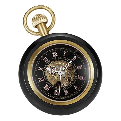 Tiong orologio da tasca meccanico con quadrante aperto in legno da tasca con catena numeri romani orologio vintage per uomo donna e confezione regalo regalo regalo di compleanno (nero)
