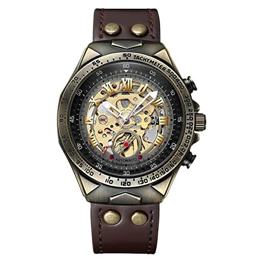 RORIOS orologio da impermeabile meccanico uomo vintage luminosi orologi da polso skeleton automatico orologi con cinturino in pelle 3atm