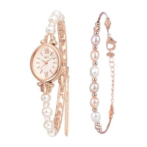 Avaner 2 orologi da donna alla moda, orologio da polso, ovale, da donna, con perle naturali, orologio da polso da donna