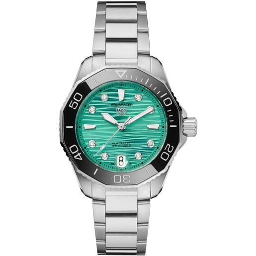 TAG Heuer orologio tag heuer aquaracer professional 300 verde 36 mm con diamanti e cinturino in acciaio