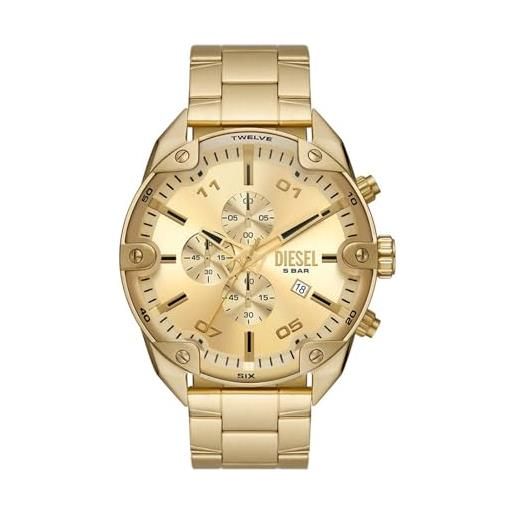 Diesel orologio da uomo, spiked, movimento cronografo, cassa in acciaio inossidabile placcata oro da 49 mm con bracciale in acciaio inossidabile, dz4608