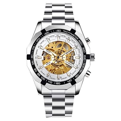 RORIOS orologio da uomo orologio da polso meccanico automatico luminoso orologio con cinturino in acciaio inox scheletro orologio