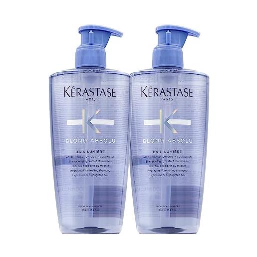 Kérastase shampoo per capelli biondi per una maggiore lucentezza, per capelli con acido ialuronico idratante, bain lumière, biondo absolu, 2 x 500 ml