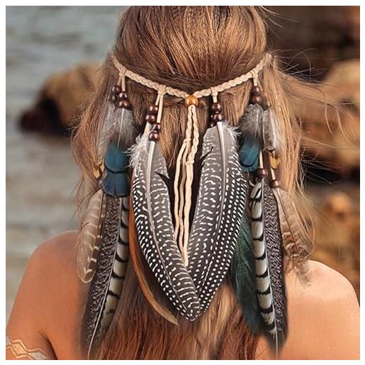 Fashband cerchietto con piume indiane boho nappa hippie copricapo vintage tribale copricapo indiano per feste accessori per capelli da donna (giallo)