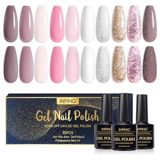 INPING smalto semipermante per unghie rosa, 10 colori rosa nuda serie damigelle d'onore set di uv smalti per unghie, 8ml pallida rosa bianco glitter oro vernici per womme diy nail kit