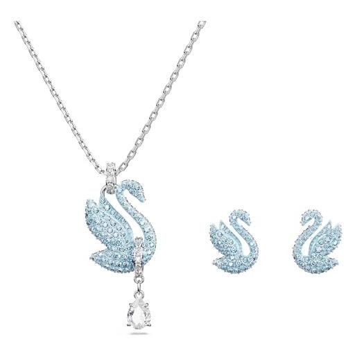 Swarovski iconic swan set collana pendente e orecchini a lobo, con cigno in pavé di cristalliSwarovski, placcatura in tonalità rodio, blu