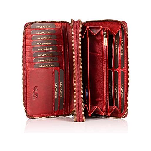 Matador portafoglio da donna in vera pelle da donna borsa tüv testato donne portafoglio billfold borsa doppia cerniera metallica (rosso)