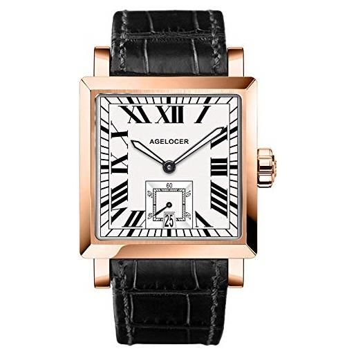 Agelocer orologio da uomo top brand quadrato calendario meccanico luminoso analogico vestito in acciaio inox orologi per, nk_3302d1, cinturino