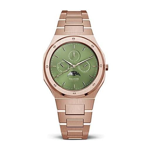 Valuchi moda lusso uomo lunar calendar impermeabile acciaio inossidabile moonphase vetro zaffiro giapponese quarzo analogico casual watch con data (verde oro rosa)