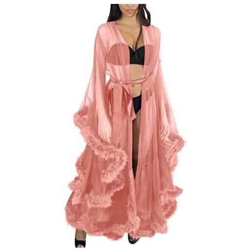 Generic cardigan pizzo donna moda sexy tulle robe lungo lingerie camicia da notte accappatoio pigiameria piuma da sposa robe lingerie lingerie taglie, 1-rosa, misura unica