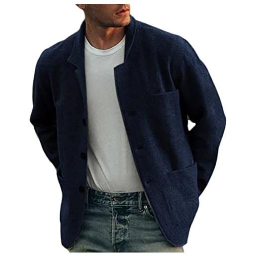 ORANDESIGNE cardigan uomo maglione invernale elegante con bottone e tasche capispalla giacca slim fit casual tinta unita manica lunga cappotto a blu scuro xxl