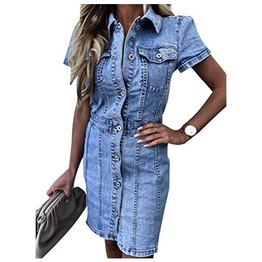Minetom vestiti abito in jeans donna manica lunga casual vestito lungo scoll a v bottoni camicia vestito denim abito f blu 42