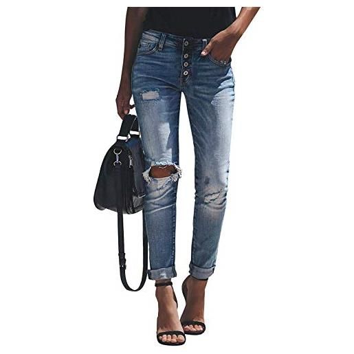 Minetom jeans straight skinny donna vita alta pantaloni tagliuzzati strappati larghi vintage casuale slim denim pants a blu chiaro 01 l
