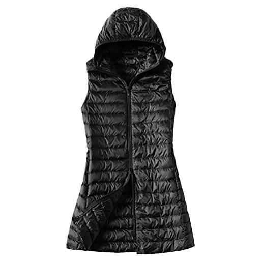 Minetom piumino lungo donna giacca con cappuccio caldo invernale parka slim fit leggero ripiegabile gilet senza maniche cappotto b nero l