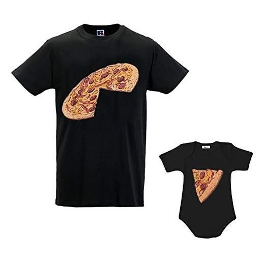 Babloo coppia di t-shirt magliette papa' e figlio/figlia idea regalo festa del papa' pizza slice nere uomo xl - bimbo 6 mesi