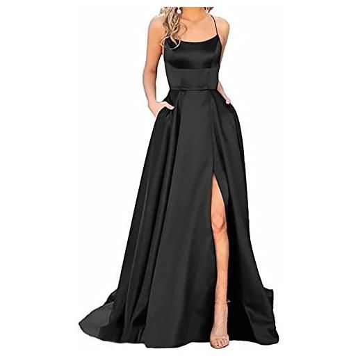 iuyomhes abito da ballo in raso da donna, lungo, elegante, con allacciatura al collo, linea ad a, incrocio sulla schiena, spalline sottili, abito da sera o matrimonio, con tasche, blu scuro, 56