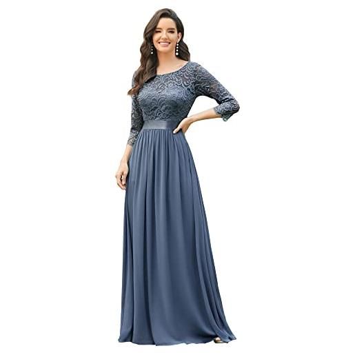 Ever-Pretty vestito donna elegante cerimonia 3/4 manich stile impero maxi linea ad a pizzo chiffon abiti da damigella denim blu 46