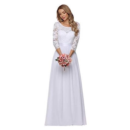 Ever-Pretty vestito donna elegante cerimonia 3/4 manich stile impero maxi linea ad a pizzo chiffon abiti da damigella bianca 40