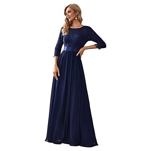 Ever-Pretty vestito donna elegante cerimonia 3/4 manich stile impero maxi linea ad a pizzo chiffon abiti da damigella denim blu 56